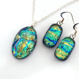 Green turquoise fused dichroic glass pendant and earrings jewellery set