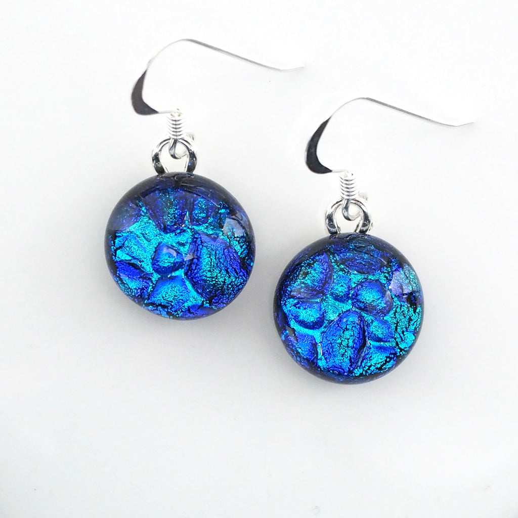 Dangly Earrings - Blue And Green Round Dichroic Glass Earrings