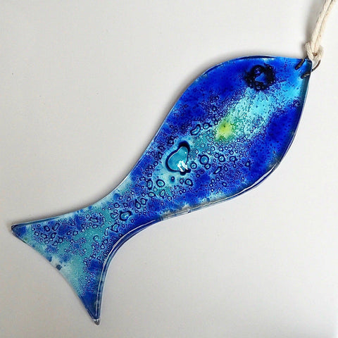 Bubble fish sun-catcher - royal blue and aqua - Fired Creations