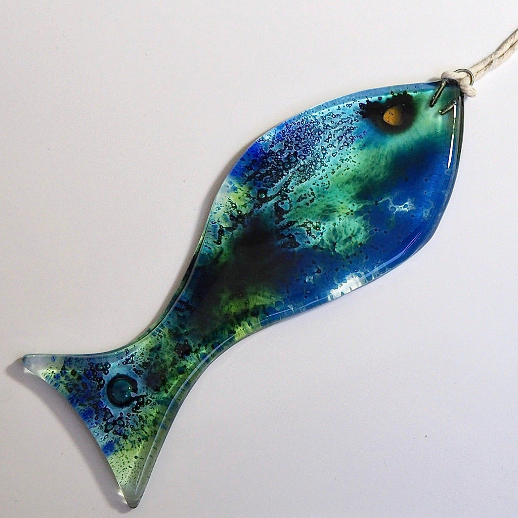 Bubble fish sun-catcher - royal blue, petrol blue and green - Fired Creations