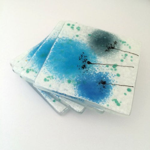 Blue flower fused glass coasters - Fired Creations