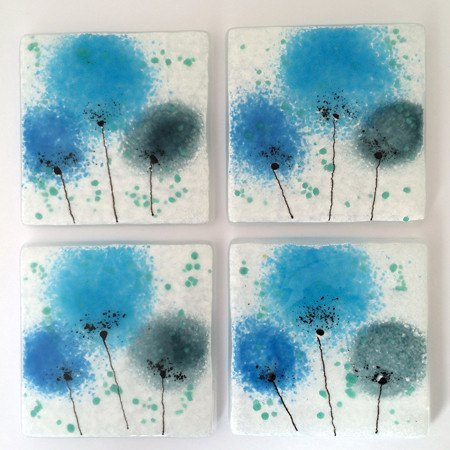 Blue flower fused glass coasters - Fired Creations