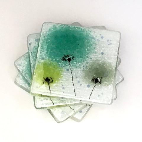 Green flower fused glass coasters - Fired Creations
