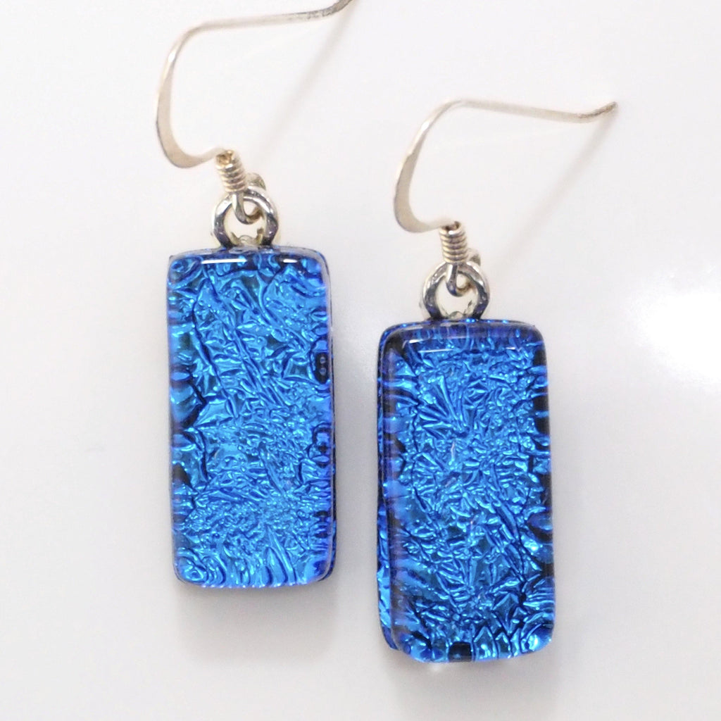 Dangly Earrings - Blue Sparkle Fused Glass Earrings