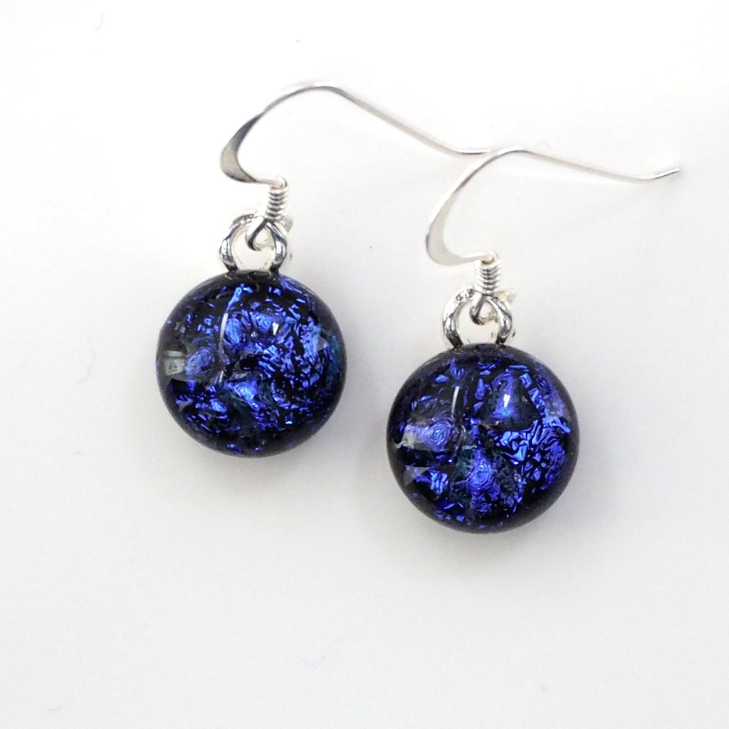 Dangly Earrings - Blue Violet Round Dichroic Glass Earrings