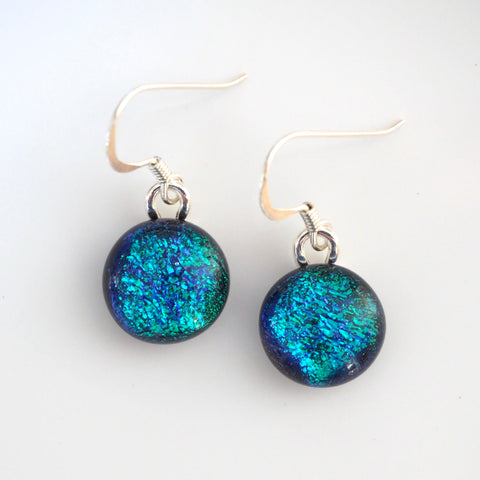 Dangly Earrings - Emerald Blue Round Dichroic Glass Earrings