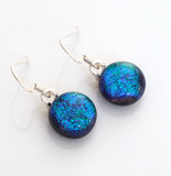 Dangly Earrings - Emerald Blue Round Dichroic Glass Earrings