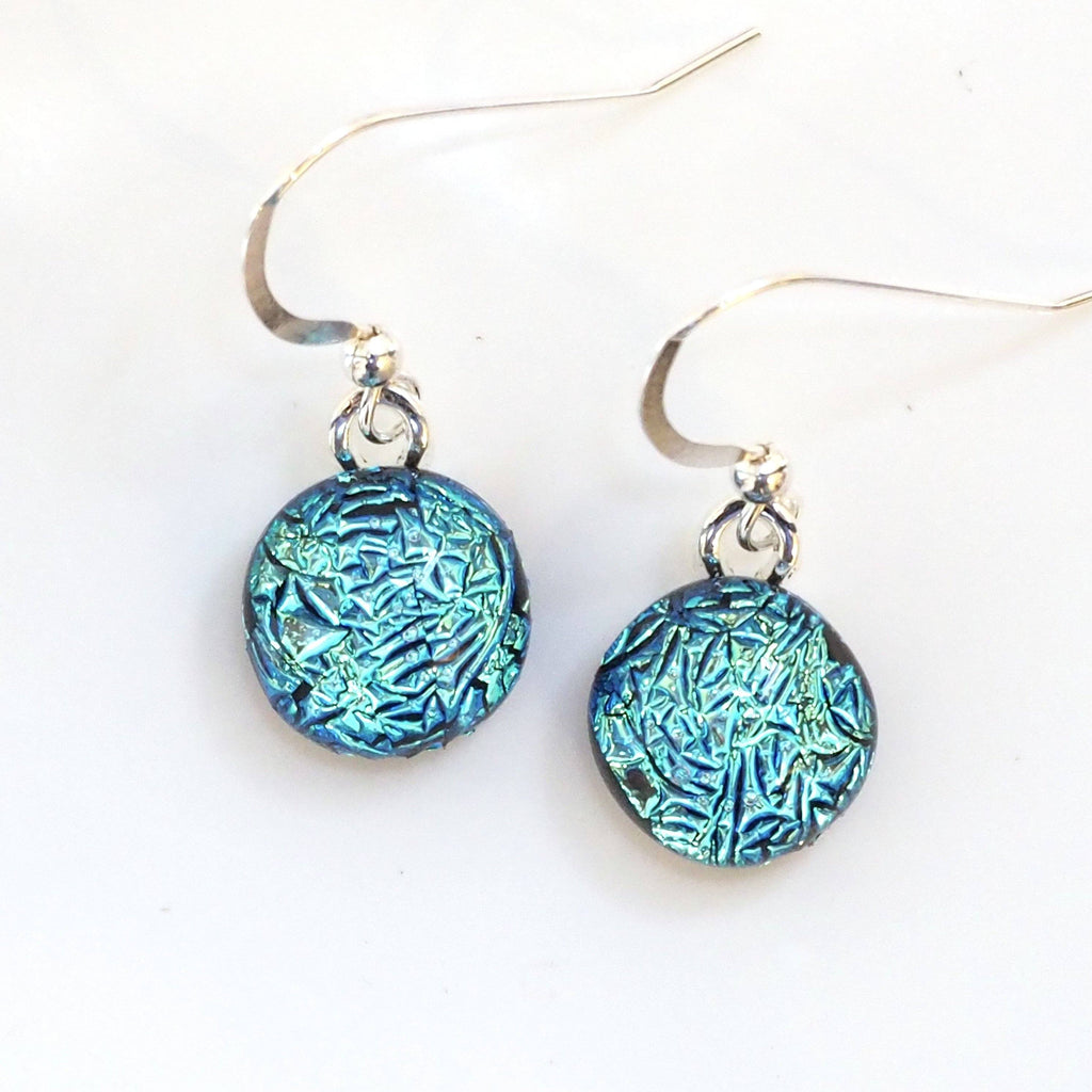 Dangly Earrings - Ice Blue Round Dichroic Glass Earrings