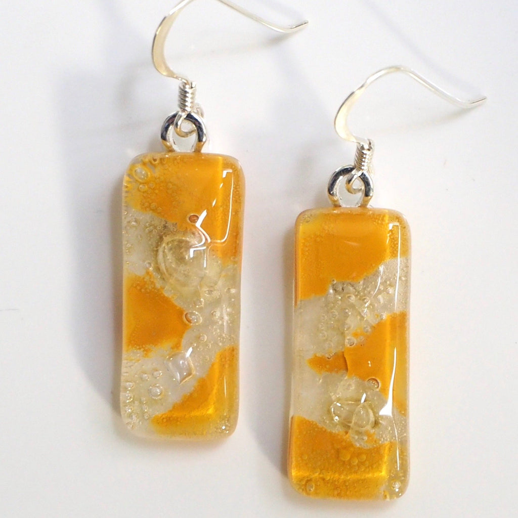 Mustard yellow fused glass earrings with bubbles Fired Creations
