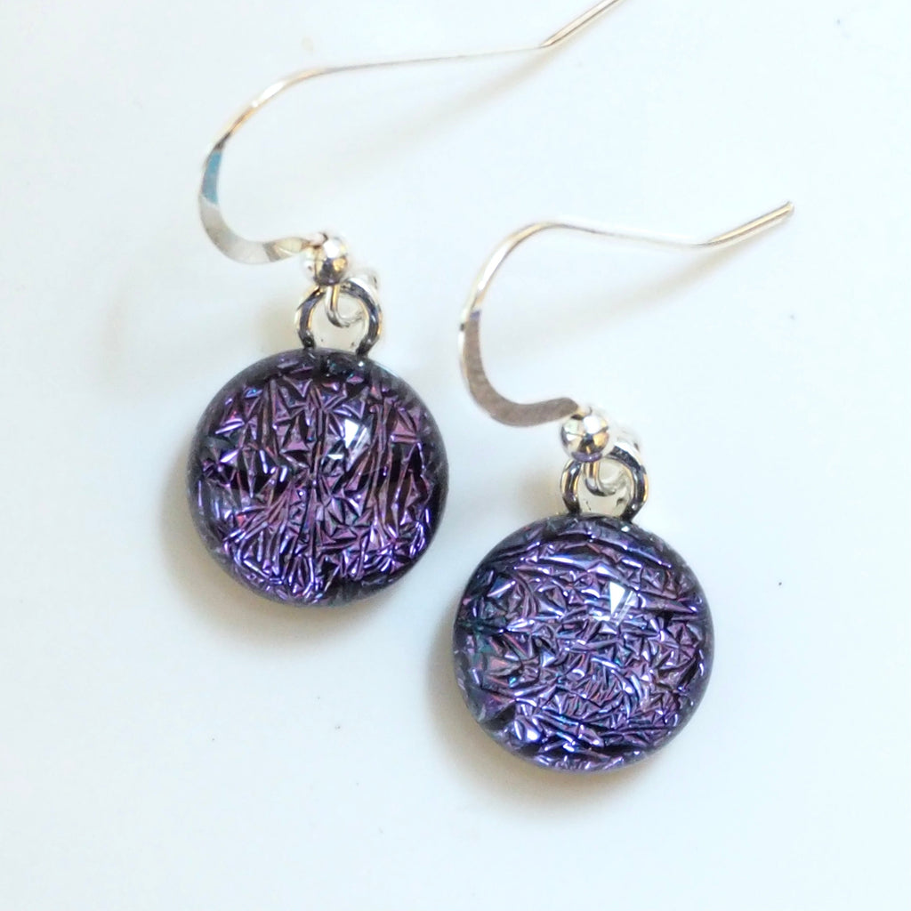 Dangly Earrings - Purple Round Dichroic Glass Earrings