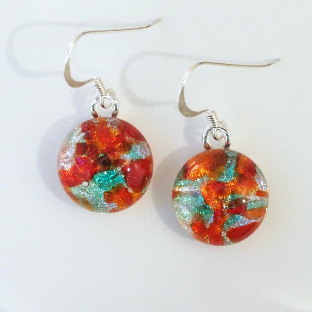 Dangly Earrings - Red Aqua Round Dichroic Glass Earrings