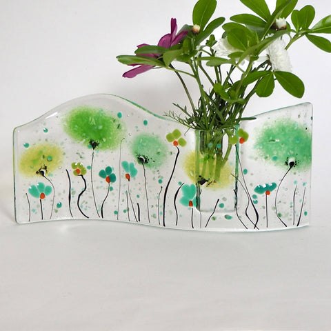 Fused Glass Vase - Green Flowers Fused Glass Bud Vase