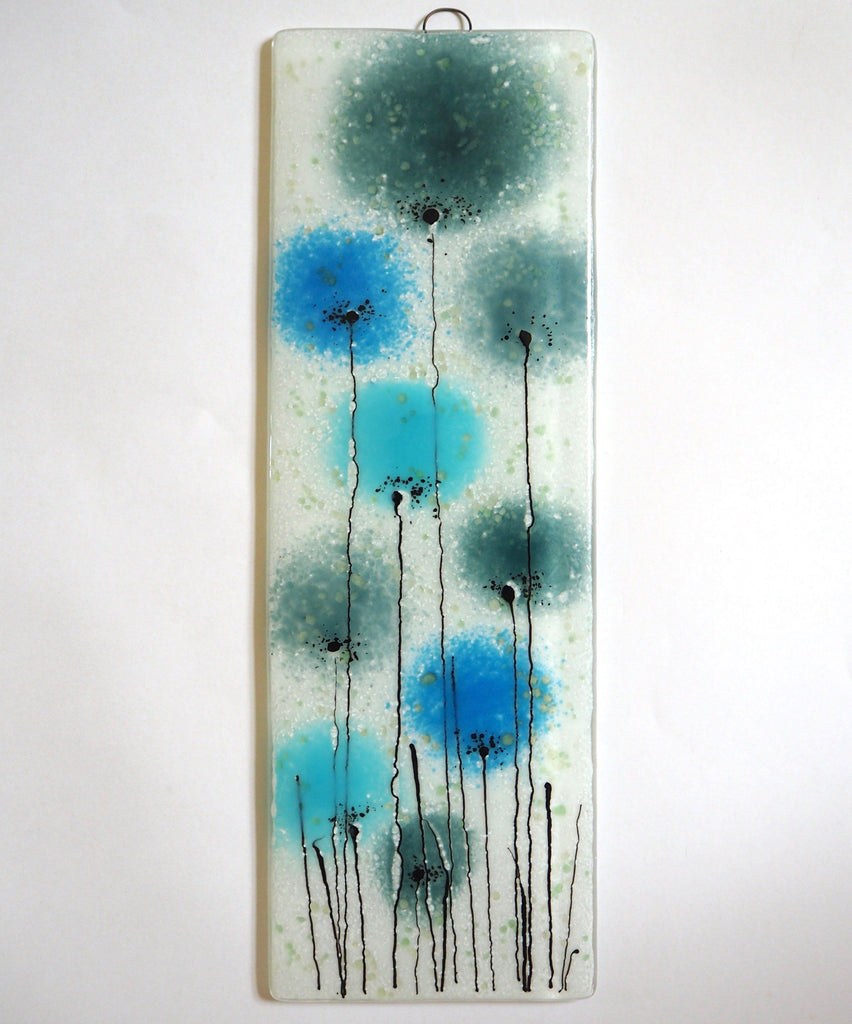 Aqua, turquoise blue flowers fused glass art panel - Fired Creations