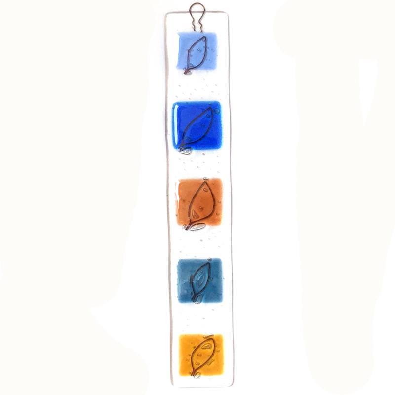 Fused glass wall art panel with wire leaves in blue and amber - suncatcher - Fired Creations