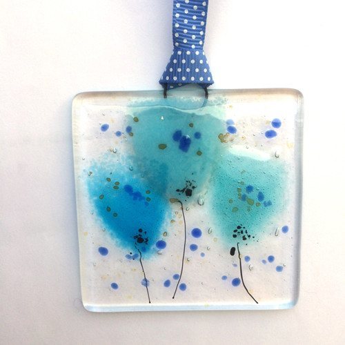 Turquoise flowers mini glass wall art suncatcher - Fired Creations