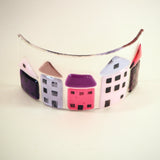 Fused Glass Candle Screen - Pink and Purple Houses - Fired Creations