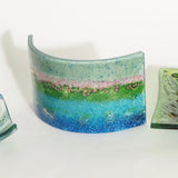 Fused Glass Curve - Candle Screen - Abstract turquoise, pink and blue - Fired Creations