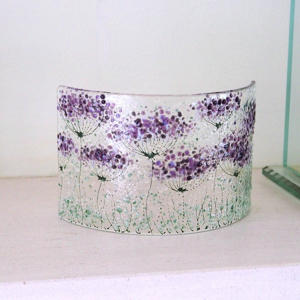 Glass Art - Fused Glass Curve - Purple Flowers