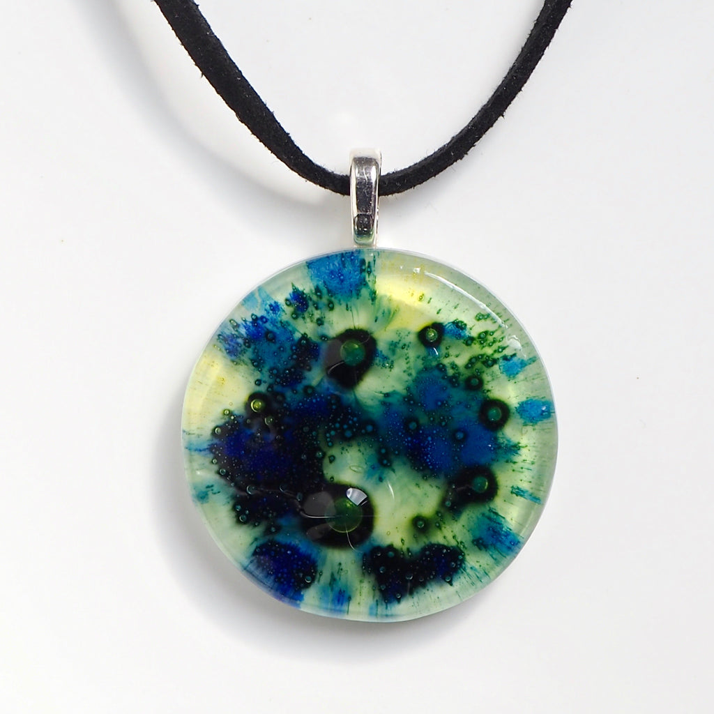 Blue green and yellow round fused glass bubble pendant - Fired Creations