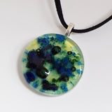 Blue green and yellow round fused glass bubble pendant - Fired Creations