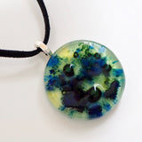 Blue green and yellow round fused glass bubble pendant - Fired Creations