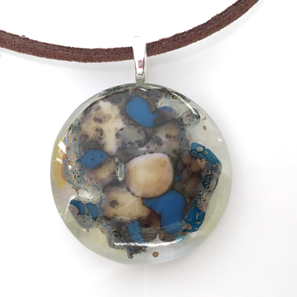 Brown and blue stone effect fused glass pendant - Fired Creations