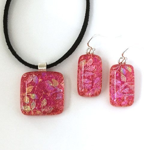 Coral pink fused dichroic glass pendant and earrings jewellery set - Fired Creations