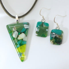 Green fused glass pendant and earrings jewellery set - Fired Creations