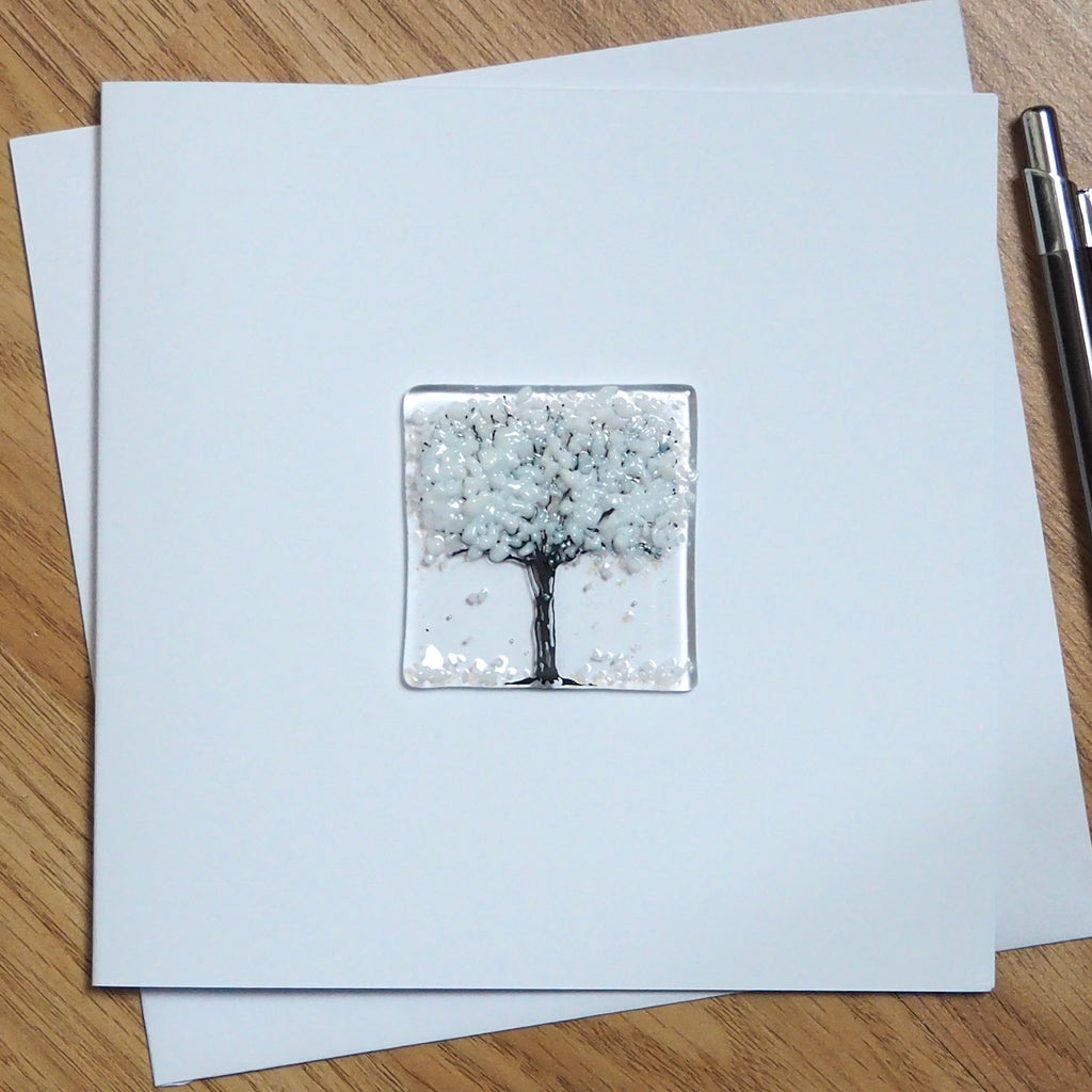 Snowy Winter Tree Fused Glass Greetings Card