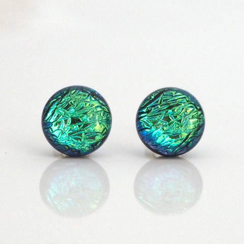 Studs - Aqua Turquoise Dichroic Glass Stud Earrings