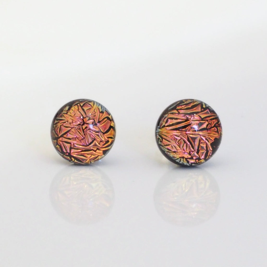 Studs - Copper Orange Sparkle Dichroic Glass Earrings