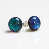 Green blue round dichroic glass stud earrings - Fired Creations