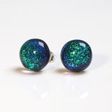 Green blue round dichroic glass stud earrings - Fired Creations