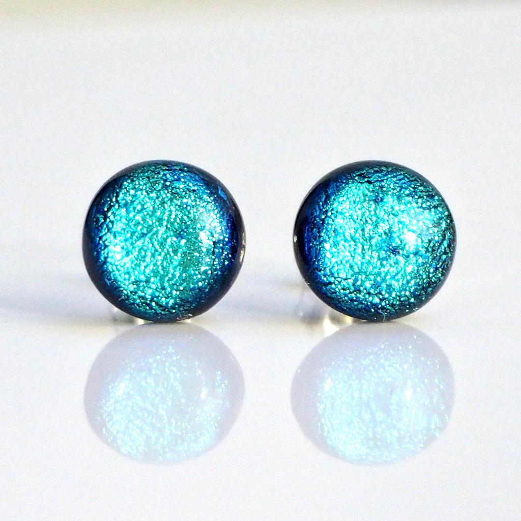 Studs - Light Ice Blue Round Dichroic Glass Stud Earrings