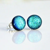 Studs - Light Ice Blue Round Dichroic Glass Stud Earrings